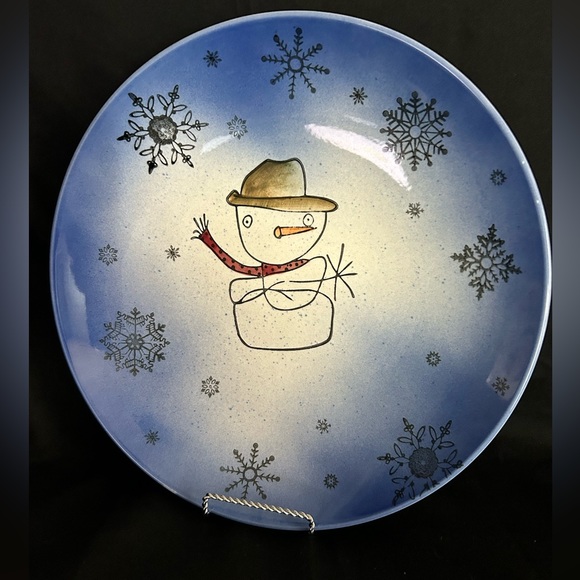Cowboy Snowman ceramic blue large platter Beaver Farm pottery 15” diameter - Picture 1 of 11